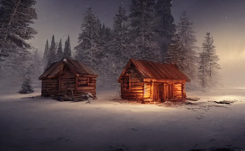 Image similar to A abandoned wooden hut in a winter forest environment concept, northern lights, horror game, artstation