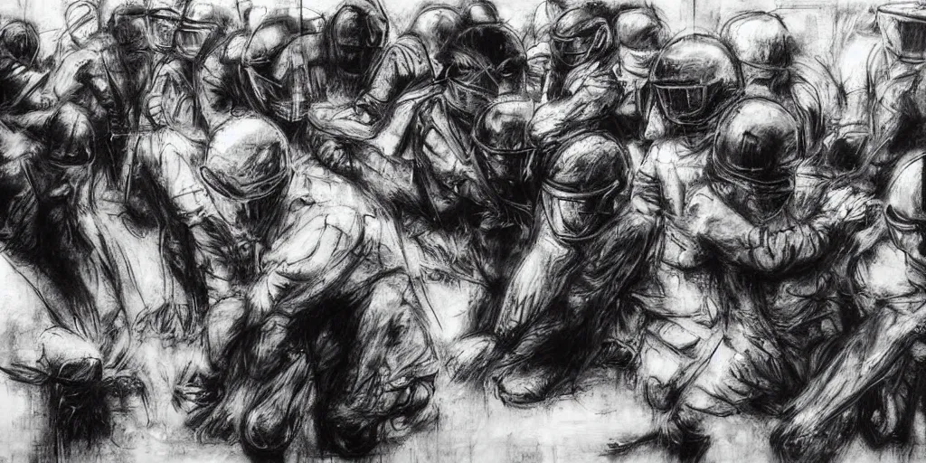 Prompt: protesters against police by Guy Denning