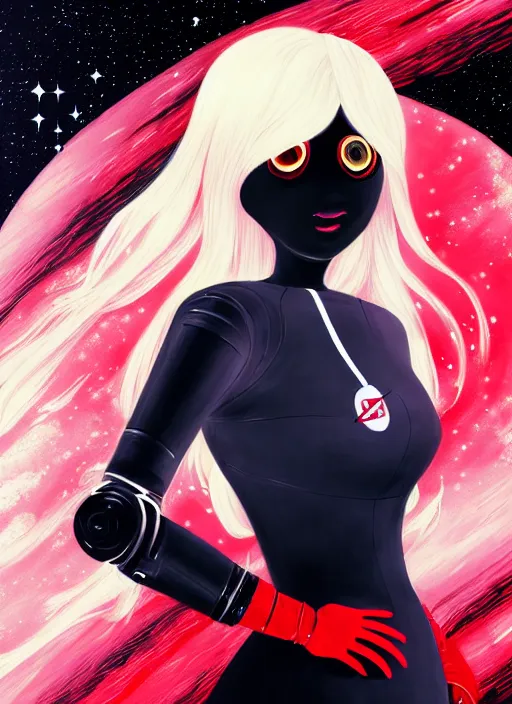 Prompt: highly detailed portrait of a hopeful pretty astronaut lady with a wavy blonde hair, by Louis Glackens , 4k resolution, nier:automata inspired, bravely default inspired, vibrant but dreary but upflifting red, black and white color scheme!!! ((Space nebula background))