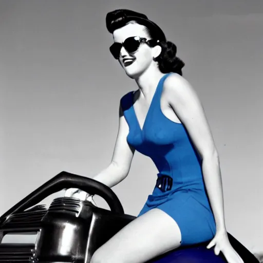 Image similar to 1950's pin-up girl, wearing a tight blue dress and aviators, with legs crossed, sitting on a gasoline tank, winking, making a peace sign, stylized