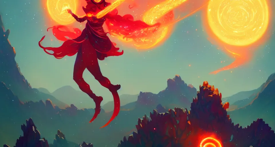 Image similar to a fiery fireball blazing with light, surrounded with spiriling sparkling rose crystals and galaxies, by peter mohrbacher, hyper light drifter, ukiyo - e trending on artstation