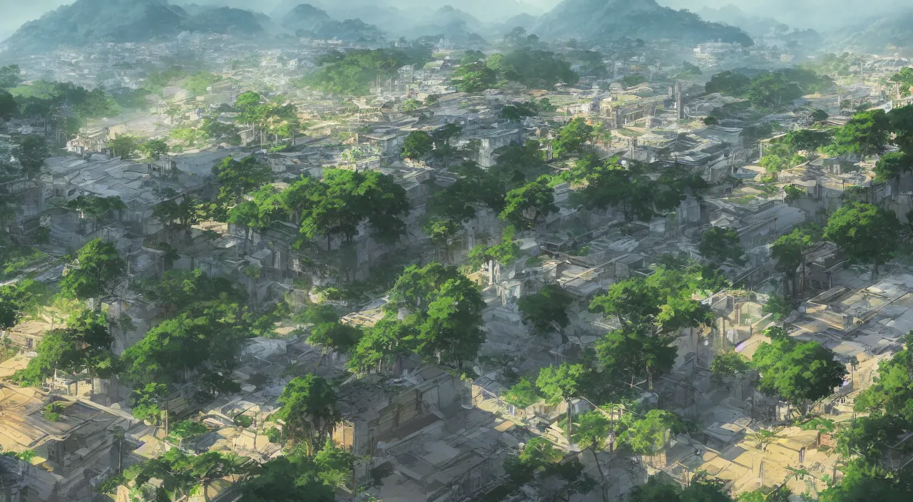 Image similar to The City Surrounded by Limestone Hills, Ipoh, Anime scenery concept art by Makoto Shinkai