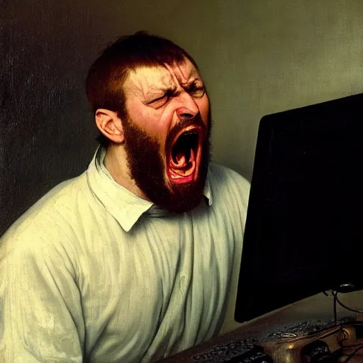 Image similar to an angry man yells at his computer monitor, oil on canvas, 1 8 8 3, highly detailed