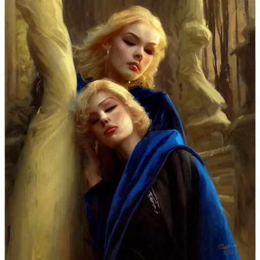 Image similar to detailed cinematic wide shot of beautiful attractive blonde vampire woman slim face symettrical face clean skin blue eyes black robe smooth, sharp focus, ultra realistic, spring light, painting by gaston bussiere, craig mullins, j. c. leyendecker