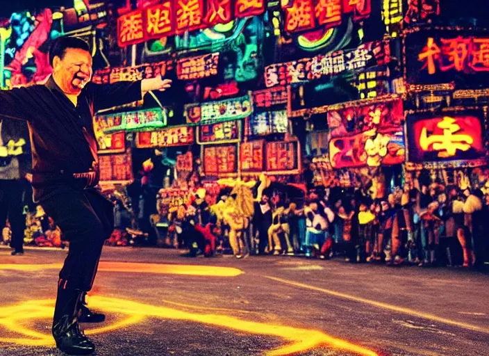 Image similar to xi jinping dancing, heroic shot, post apocalyptic, medieval times, cyber - punk, 7 0 s, wide shot, at night, neon lights