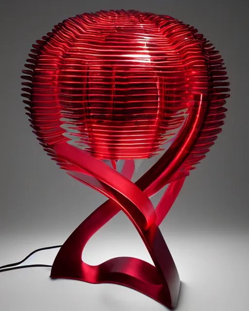 Image similar to sculptural table lamp designed by iris van herpen, red metal, advertising photography