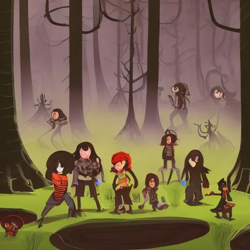 Image similar to a group of people standing in a dark forest, attacked by tentacles, concept art, 2 d game art