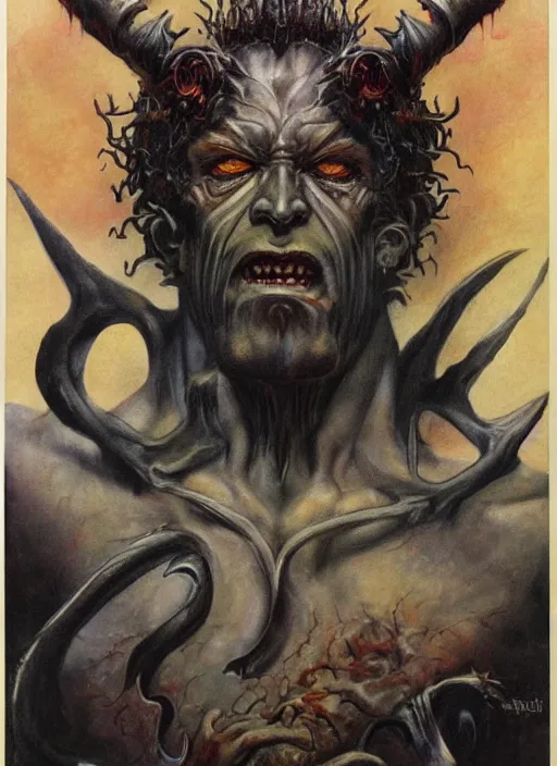 Image similar to portrait of grizzled male god of the damned, black iron crown, claw scars, strong line, deep color, beautiful! coherent! by boris vallejo, by brian froud