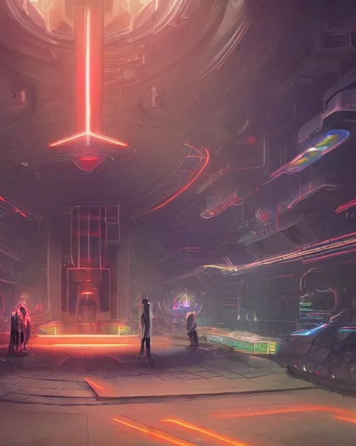 Prompt: cult of technology, exterior of scifi temple, machines, robots, ultra realistic, gaming computers, highly detailed, simulation, atmosphere, masterpiece, epic lighting, glowing wires, transparent objects, mysterious, highlighted, 4 k, cinematic, art by patryk olkiewicz and chris ostrowski and liang yao