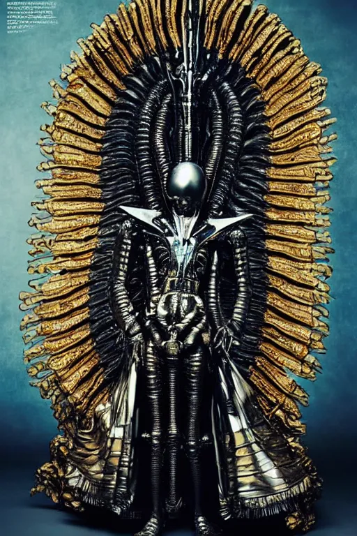 Image similar to kodachrome still symmetry frame from Alien Covenant movie by Takashi Murakami, Count Orlok wearing Polish Winged Hussars armor made with porcelain dressed by Salvatore Ferragamo and by Chanel, haute couture painted by Peter Paul Rubens and by John Baeder by Jean-Michel Basquiat, editorial fashion photography, from vogue magazine