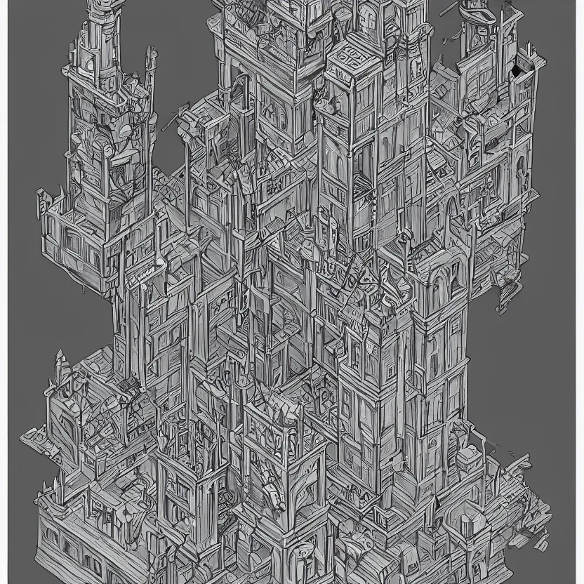 Image similar to isometric view of wizard's tower, lineart, 8 k