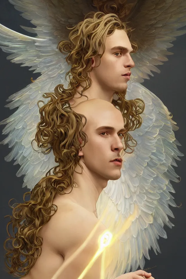 Image similar to fullbody portrait of a beautiful young fit male angel with curly blond hairs, full dressed in long fluent clothes, majestic big dove wings, luminous halo, by greg rutkowski and alphonse mucha, gradient white to gold, in front of an iridescent background, highly detailed portrait, digital painting, artstation, concept art, smooth, sharp focus illustration