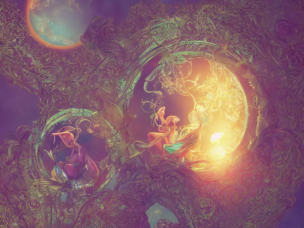 Prompt: the orb of dreams, sunlight study, art nouveau, by hans zatzka and ( ( ( ( lisa frank ) ) ) ), 8 k, sharp focus, octane render, ( ( ( kauai ) ) )