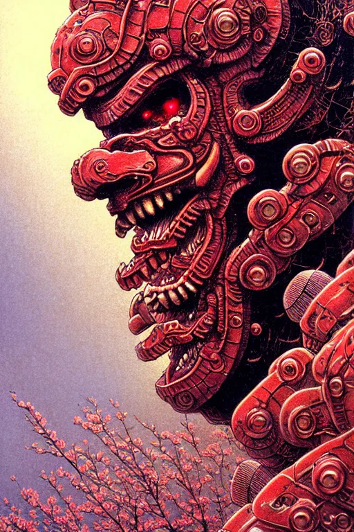 Prompt: japanese oni, character portrait, portrait, close up, concept art, intricate details, highly detailed, cherry blossom, soft light, vintage sci - fi poster, in the style of chris foss, rodger dean, moebius, michael whelan, and gustave dore