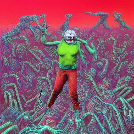 Image similar to guy fieri wearing a neon colored mesh crop top and pit vipers, insane clown posse mosh pit, art by beksinski