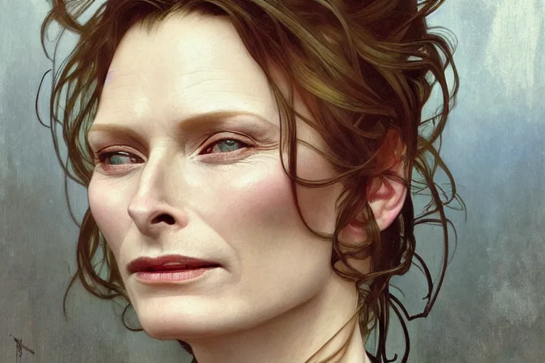 Image similar to hyper realistic portrait of tilda swildon, bigger forehead, bigger chin, from the side, by lee bermejo, alphonse mucha and greg rutkowski