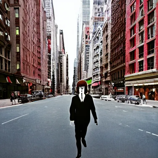 Image similar to John Lennon walking down a street in new York, hyper realistic, HD, HQ, photo realistic