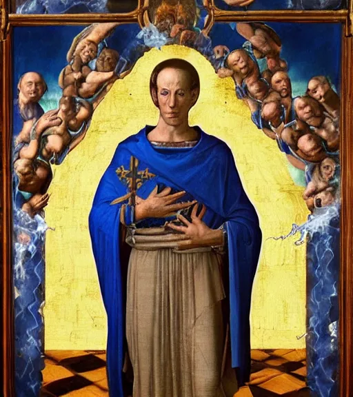 Image similar to hank hill wearing a white toga surrounded by blue fire and blue flames, renaissance religious painting, late gothic religious paintings, byzantine religious art, painting by duccio di buoninsegna and carlo crivelli, trending on artstation