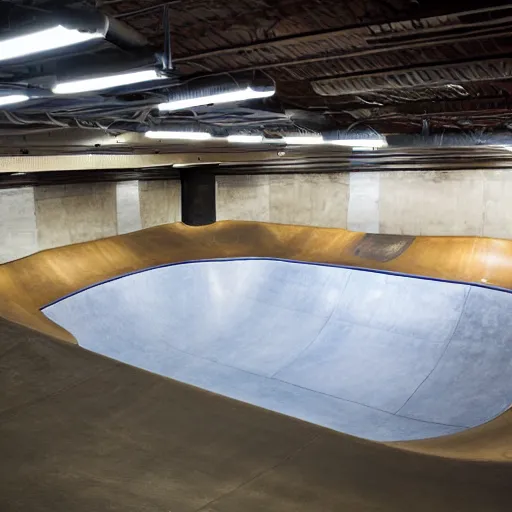 Prompt: full view of indoor skatepark