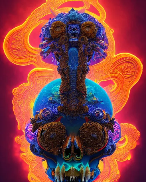 Image similar to 3 d ornate carved dark cosmic nomad with profile portrait, sigma 5 0 0 mm f / 5. beautiful intricate highly detailed quetzalcoatl skull. bioluminescent, plasma, lava, ice, water, wind, creature, thunderstorm! artwork by tooth wu and wlop and beeple and greg rutkowski, 8 k trending on artstation