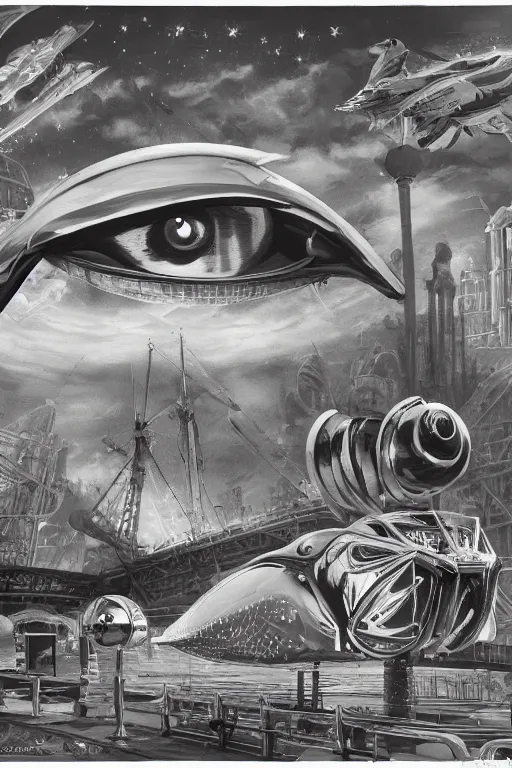 Image similar to the museum of everything, in the style of Robert McCall and Liz Danforth,trending on artstation, expensive lighting fish eye,creature concept art,black and white,oil and canvas ,in the silver hour,hyperrealism,