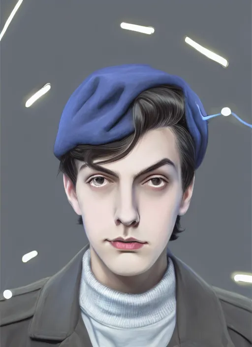 Image similar to portrait of teenage jughead jones wearing a light grey crown, crown, blue turtleneck, 1 9 5 0 s, closed eyes, photorealistic, black hair, glowing lighting, intricate, elegant, glowing lights, highly detailed, digital painting, artstation, concept art, smooth, sharp focus, illustration, art by wlop, mars ravelo and greg rutkowski