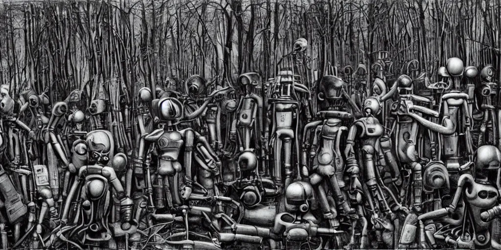 Image similar to 1000000 robots fighting in forest H.R. Giger