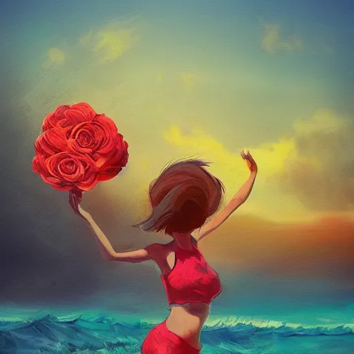 Image similar to portrait, giant rose flower head, woman running at the beach, surreal photography, sunrise, blue sky, dramatic light, impressionist painting, digital painting, artstation, simon stalenhag