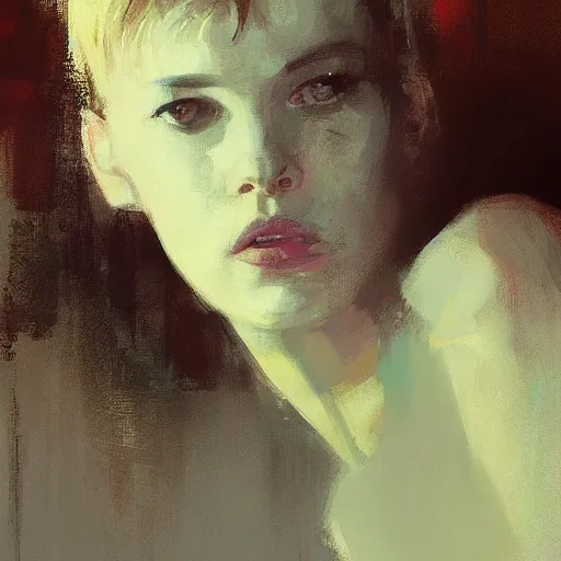 Image similar to portrait of rachael from bladerunner by jeremy mann and edward hopper