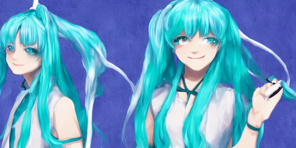 Image similar to Jesus cosplaying as Hatsune Miku, digital art, trending on artstation