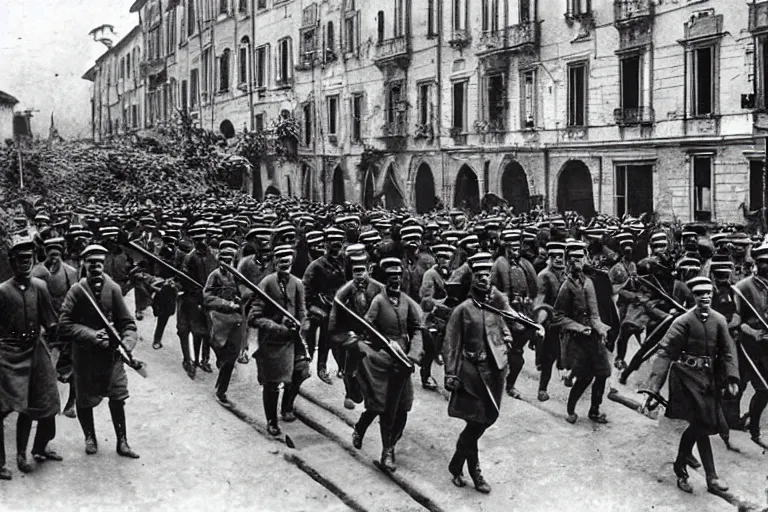 Image similar to occupying army marching through italian - style city, 1 9 0 5, black and white photography