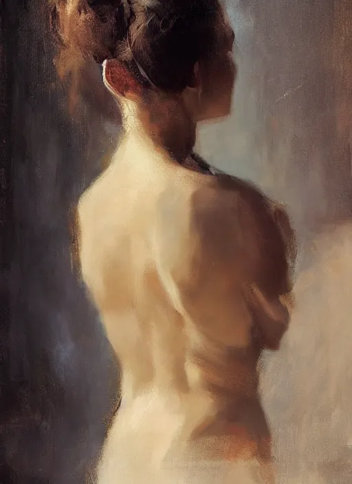 Prompt: beautiful portrait painting of a woman posing in an artistic pose holding her hair bun over a bed, by jeremy mann, only one head single portrait