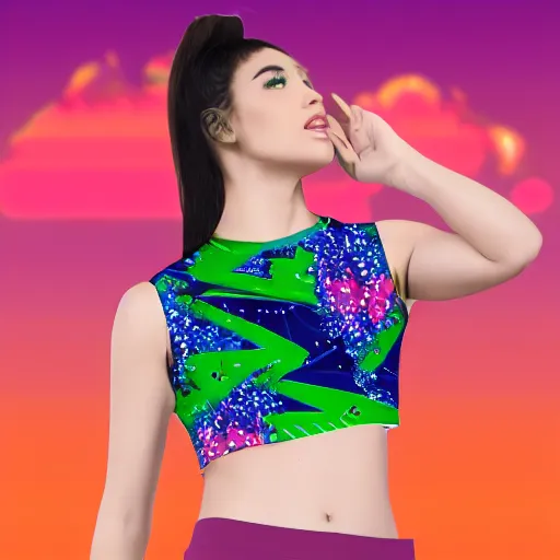 Prompt: realistic product mock up of a woman wearing an all over print crop top in the style of vaporwave and synthwave, 8 k realistic photo