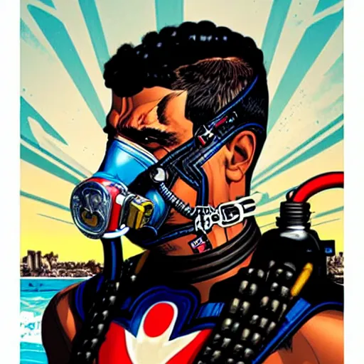 Prompt: a profile photo of a egyptian man with a diving oxygen mask with side profile blood in ocean intricate details by MARVEL comics and Sandra Chevrier-C