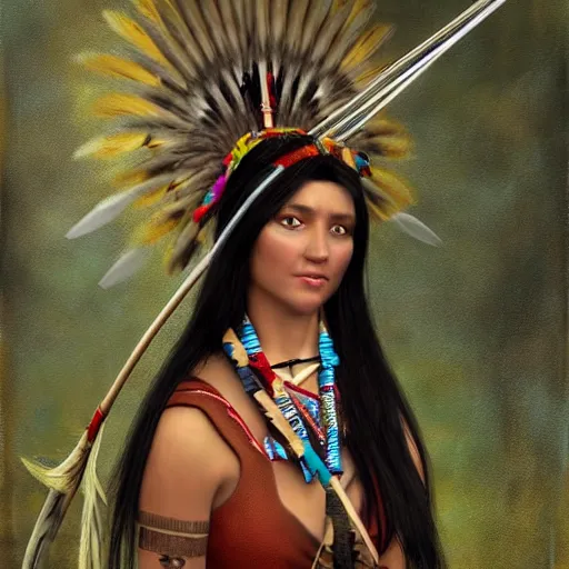 Image similar to a woman dressed in native american clothing holding a bow and arrow, a fine art painting by john clayton, deviantart, fantasy art, daz 3 d, mystical