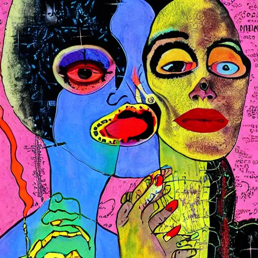 Image similar to beautiful painting of two bizarre psychedelic women kissing each other closeup on an alien planet, speculative evolution, mixed media collage by basquiat and junji ito, magazine collage art, paper collage art, sapphic art, lesbian art