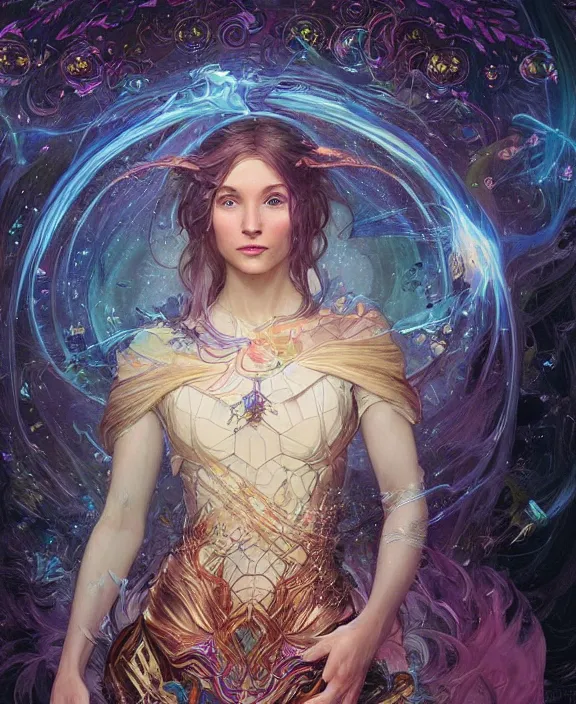 Image similar to a trading - card of a wizard surrounded by a whirlwind of magical particles ushing inside the metaverse, half body, fantasy, intricate, elegant, highly detailed, colorful, vivid color, digital painting, artstation, concept art, art by artgerm and greg rutkowski and alphonse mucha and ruan jia