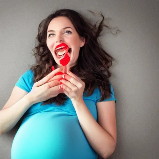 Prompt: pregnant woman eating lacorice and being happy