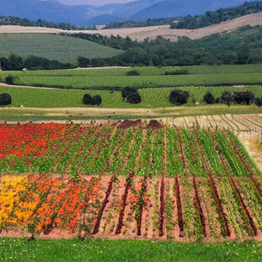 Prompt: biodynamic farm, beautiful, astrological features in the sky, vivid color schemes, rows of vegetable crops, grazing sheep, fruit trees