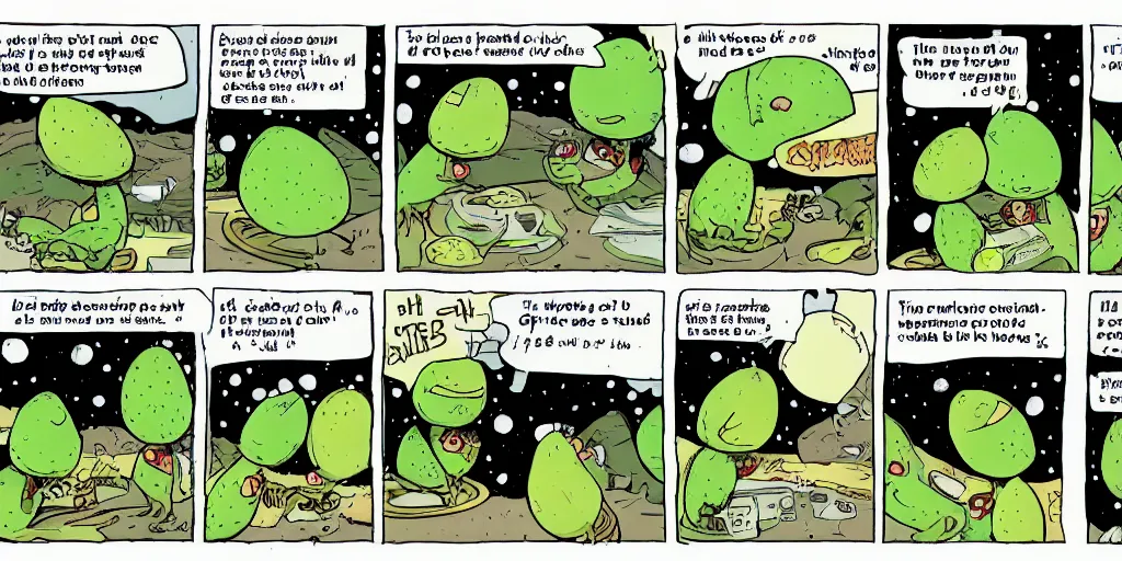 Image similar to a 3 panel comic strip about avocadoes in space, style of bill watterson