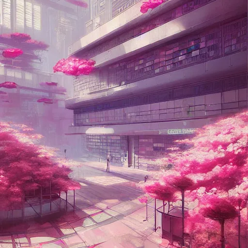 Prompt: a painting of an art deco library with pink flowers, cyberpunk art by wadim kashin, cgsociety, panfuturism, cityscape, dystopian art, anime aesthetic
