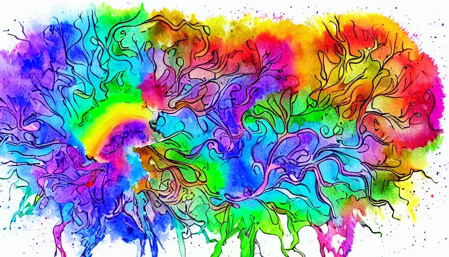 Prompt: watercolor rainbow splashes illustration of human brain, pen sketch, colorful digital art, artgem