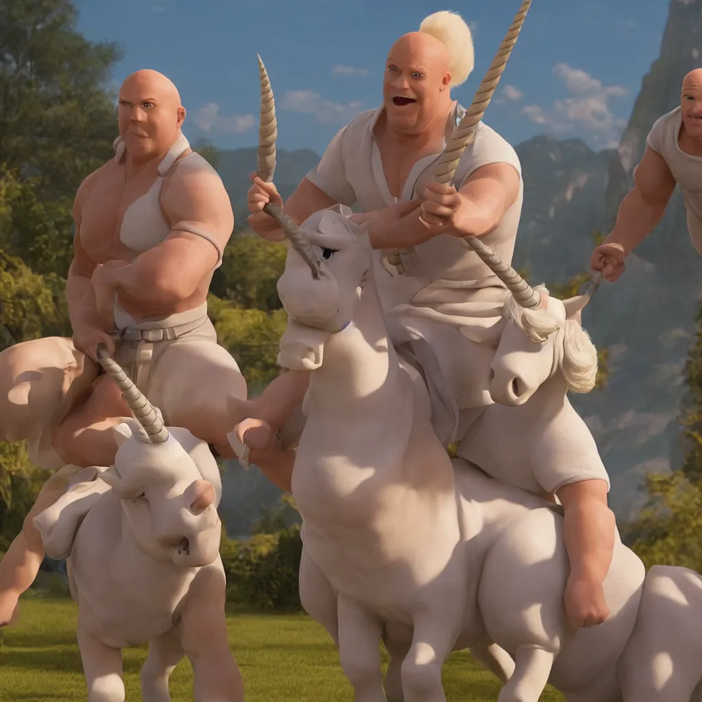 Image similar to Mr. clean riding a chubby balding blond guy and holding a unicorn toy, highly detailed, epic fantasy, film still, best shot, very long shot, 8K Imax