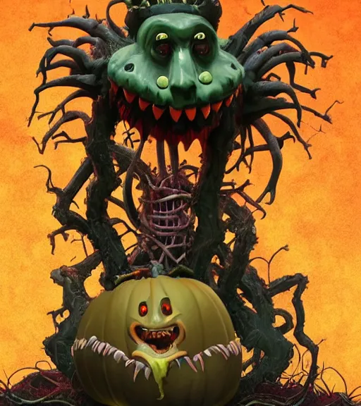 Prompt: a tim burton design of a horrifying king creature made of pumpkin, big fat blobby, laughing, limbs made from vines, sitting on a stone throne, detailed game art illustration, menacing carved facial expression, creepy lighting, dynamic pose, 4 k artstation, masterpiece