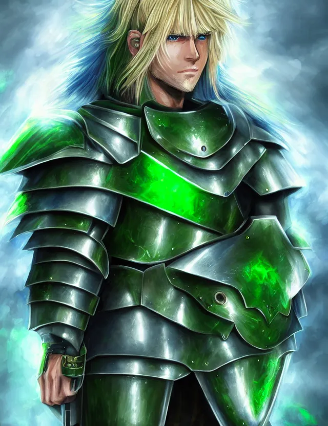 Prompt: an excellent upper body anime portrait of a long haired blonde man with blue eyes in green plate armour glowing with green energy, trending on artstation, digital art, 4 k resolution, detailed, high quality, sharp focus, hq artwork, coherent, insane detail