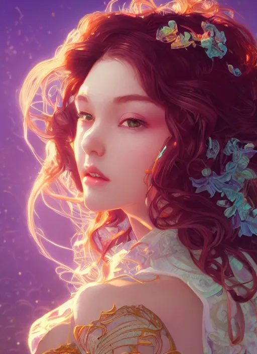 Image similar to beautiful girl with long curly, cute, intricate, highly detailed, digital painting, trending on artstation, concept art, smooth, sharp focus, backlit, rim light, vivid colors, illustration, unreal engine 5, 8 k, art by rossdraws and alphonse mucha