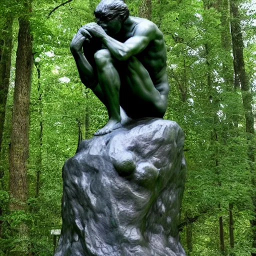 Prompt: The thinker sculpture by auguste rodin in the style of William Bartram mushrooms at the base , placed in a lush forest