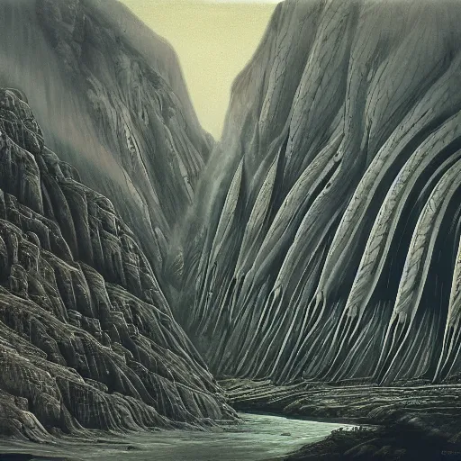 Image similar to A large picturesque mountain with a river flowing between them by HR Giger