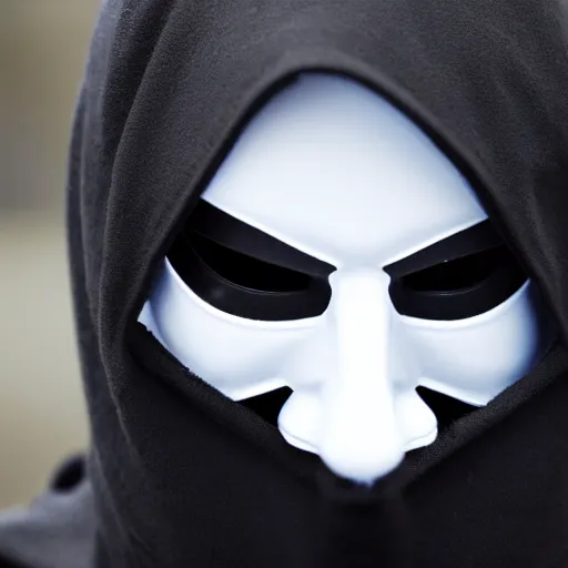 Image similar to realistic photo of hacker in anonymous mask, black, close up, front view, background, hood, extremely detailed, sharp focus, masterpiece,