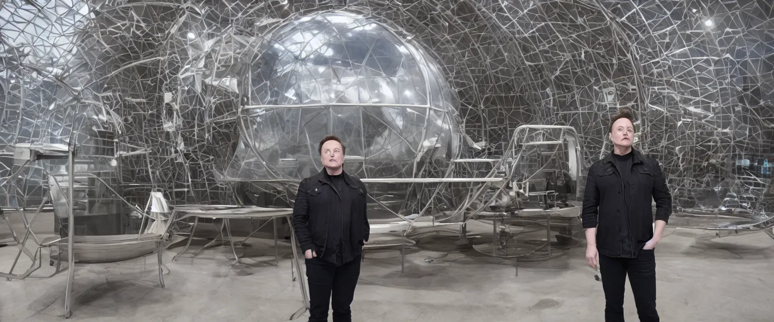 Prompt: elon musk standing on mars in a bio dome with a stainless steal star ship behind him